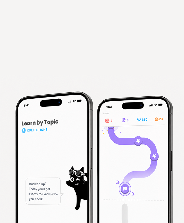Zwei Smartphone-Bildschirme mit einer App-Oberfläche. Links zeigt 'Learn by Topic' mit einem schwarzen Cartoon-Kater, der Sonnenbrillen trägt und eine Sprechblase mit motivationalem Text hat. Rechts zeigt einen gewundenen lila Pfad mit Sternmarkierungen und Spielsymbolen oben.