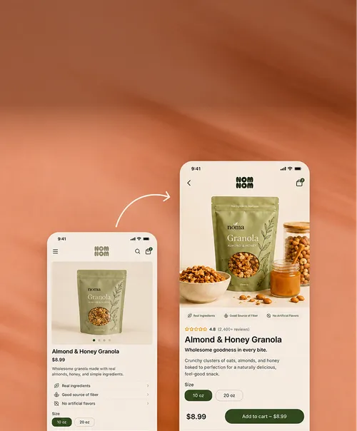 Two smartphone screens with an app displaying a product. The left screen shows a product image of granola with information such as price, ingredients, and size. The right screen enlarges the product image and shows detailed product details, including reviews and an add-to-cart button.