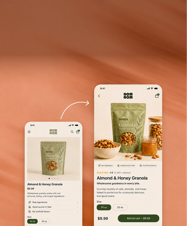 Zwei Smartphone-Bildschirme mit einer App zur Produktdarstellung. Der linke Bildschirm zeigt ein Produktbild von Granola mit Informationen wie Preis, Zutaten und Größe. Der rechte Bildschirm vergrößert das Produktbild und zeigt detaillierte Produktdetails, einschließlich Bewertungen und einer Schaltfläche zum Hinzufügen zum Warenkorb.